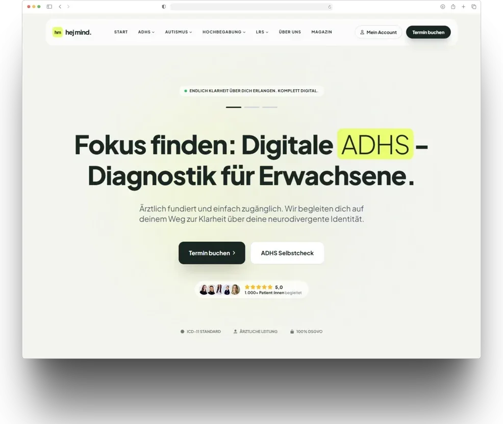 Startseite der Plattform von hej mind